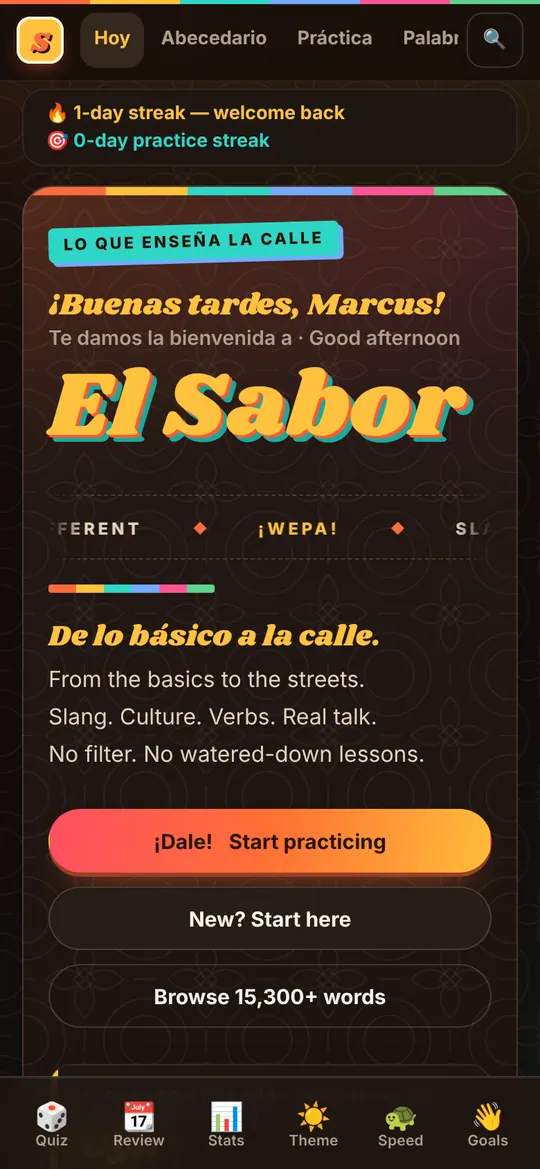 El Sabor screen: Today. Pick up where you left off, from the basics to the streets.