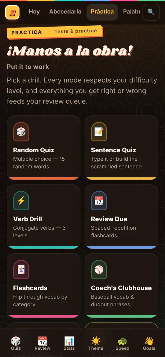 El Sabor screen: Practice. Quizzes, verb drills, flashcards and Coach's Clubhouse baseball Spanish.