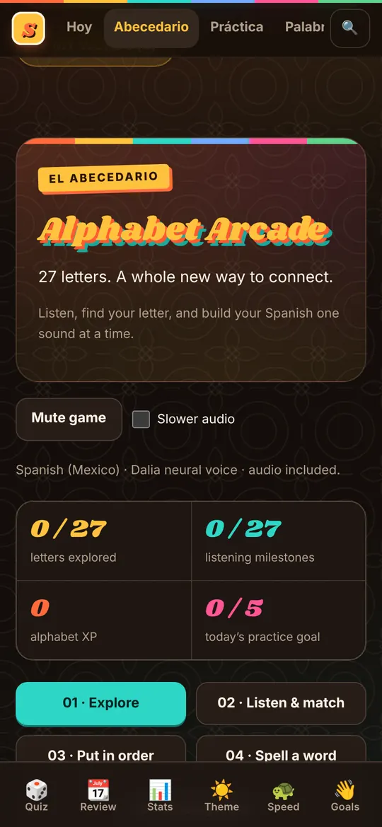 El Sabor screen: Alphabet Arcade. Hear every letter and sound, then play with them.