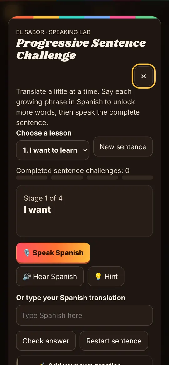 El Sabor screen: Sentence Builder. Build a sentence one piece at a time, then say it out loud.