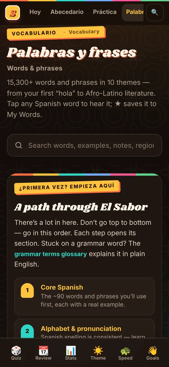 El Sabor screen: 15,300+ words. Tap any Spanish word to hear it, and save the ones you want.