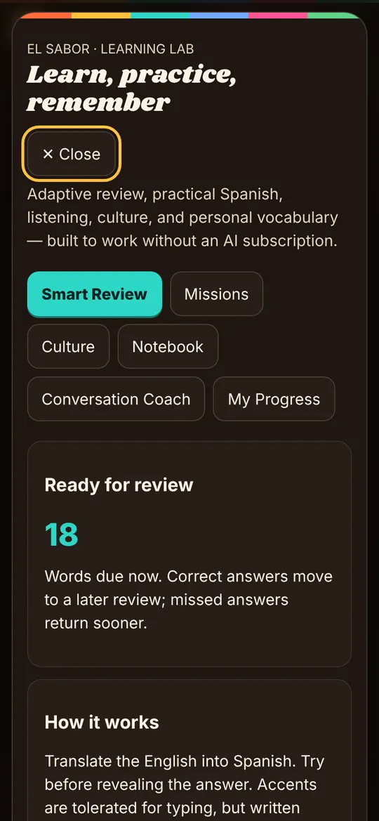 El Sabor screen: Learning Lab. Smart review brings back what you missed, right when you need it.